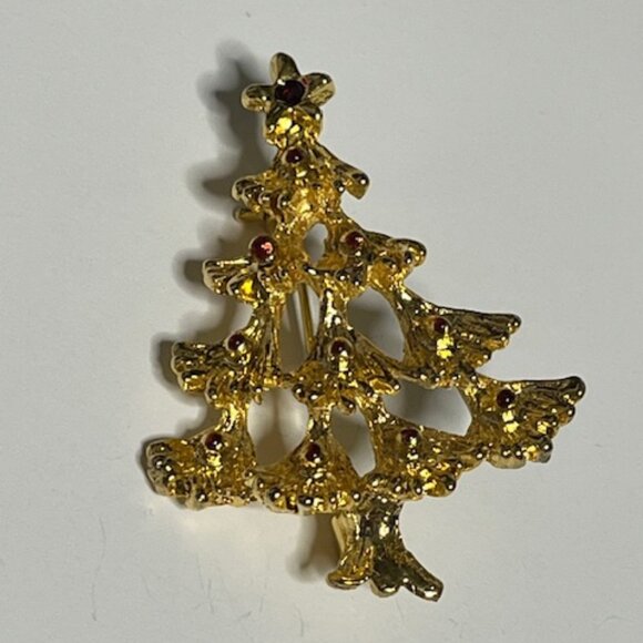 VTG Gold Tone Christmas Tree Red Painted Ornaments Holiday Festive Brooch Pin 2" - Picture 4 of 14